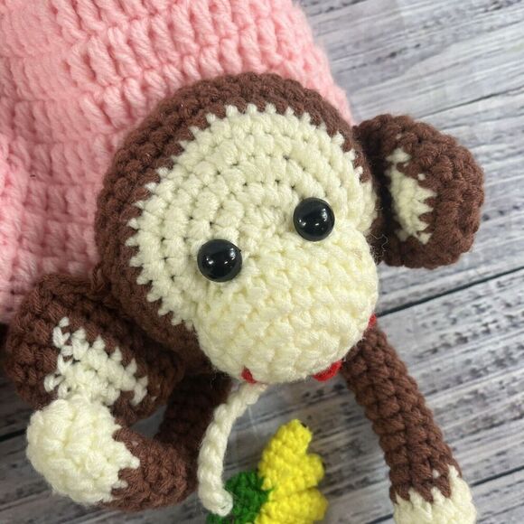 Crochet Sock Monkey Muffs Pink Youth Hat Beanie Trapper Handmade - Picture 6 of 9